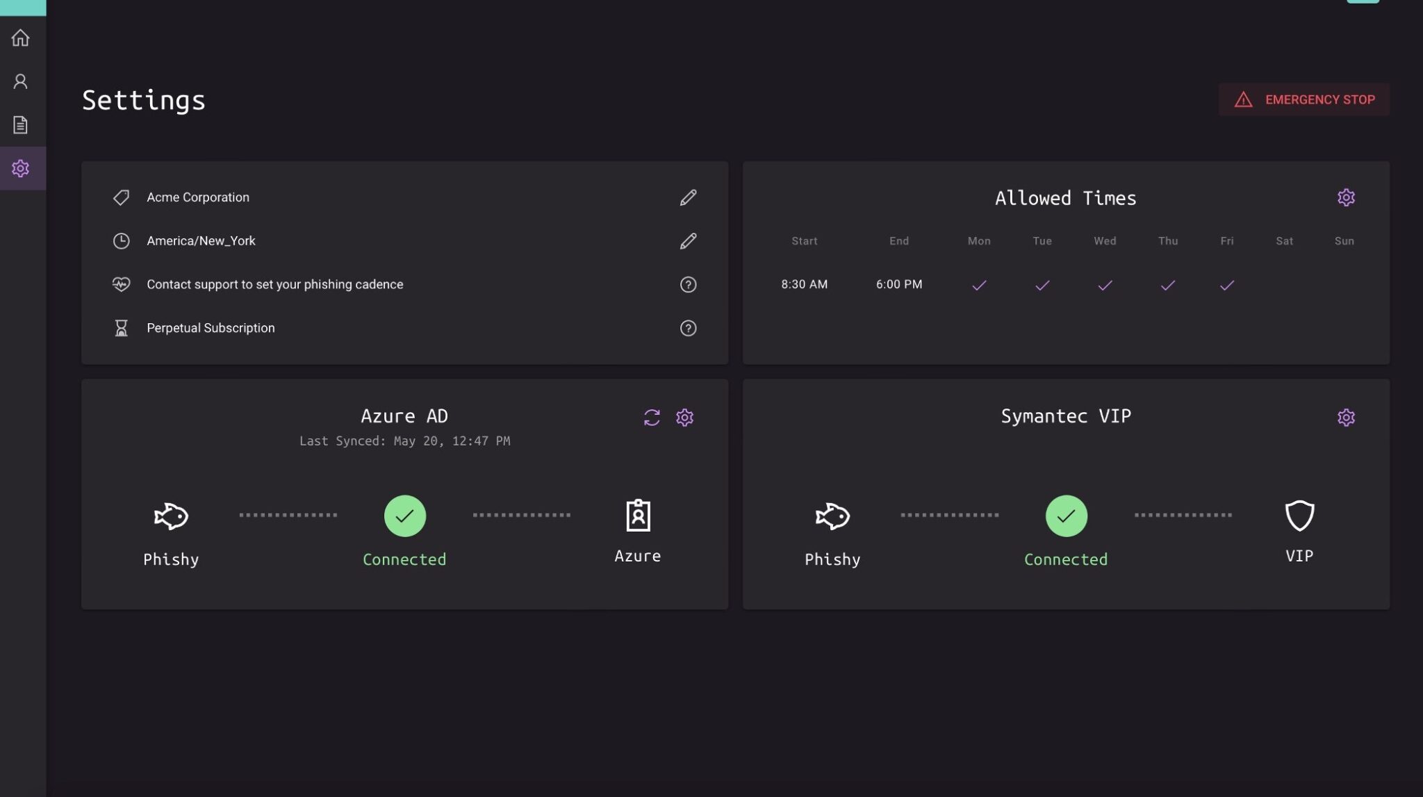Phishy settings screen